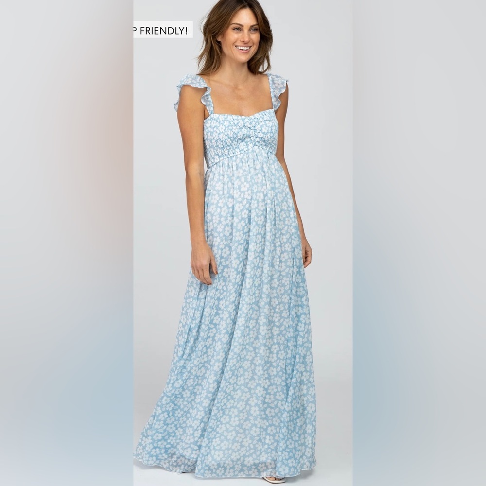 Light Blue Floral Chiffon Sweetheart Neck Off Shoulder Maternity Maxi Dress